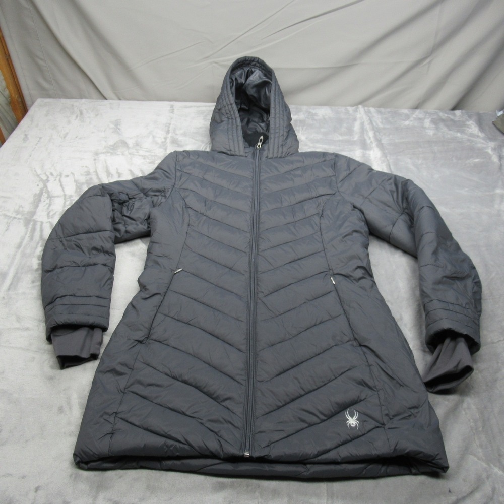 Spyder Jacket Women Small Gray Insulated Hood FullZip Winter Quilt Thermal‎ READ